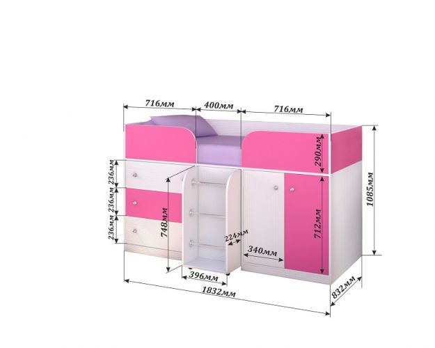 Кровать-чердак Малыш-4 Белое дерево/Розовый